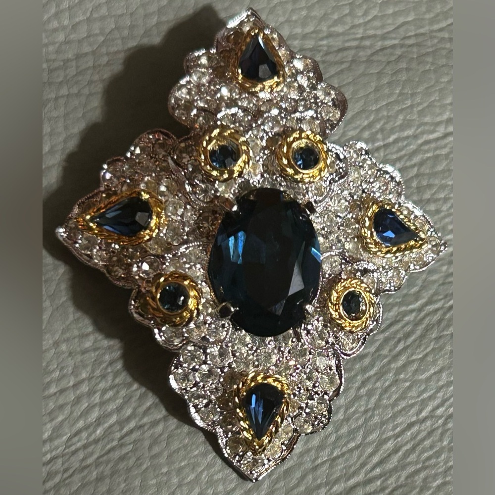 POLCINI Silver & Gold Tone Brooch W/Faceted Blue Center Stone